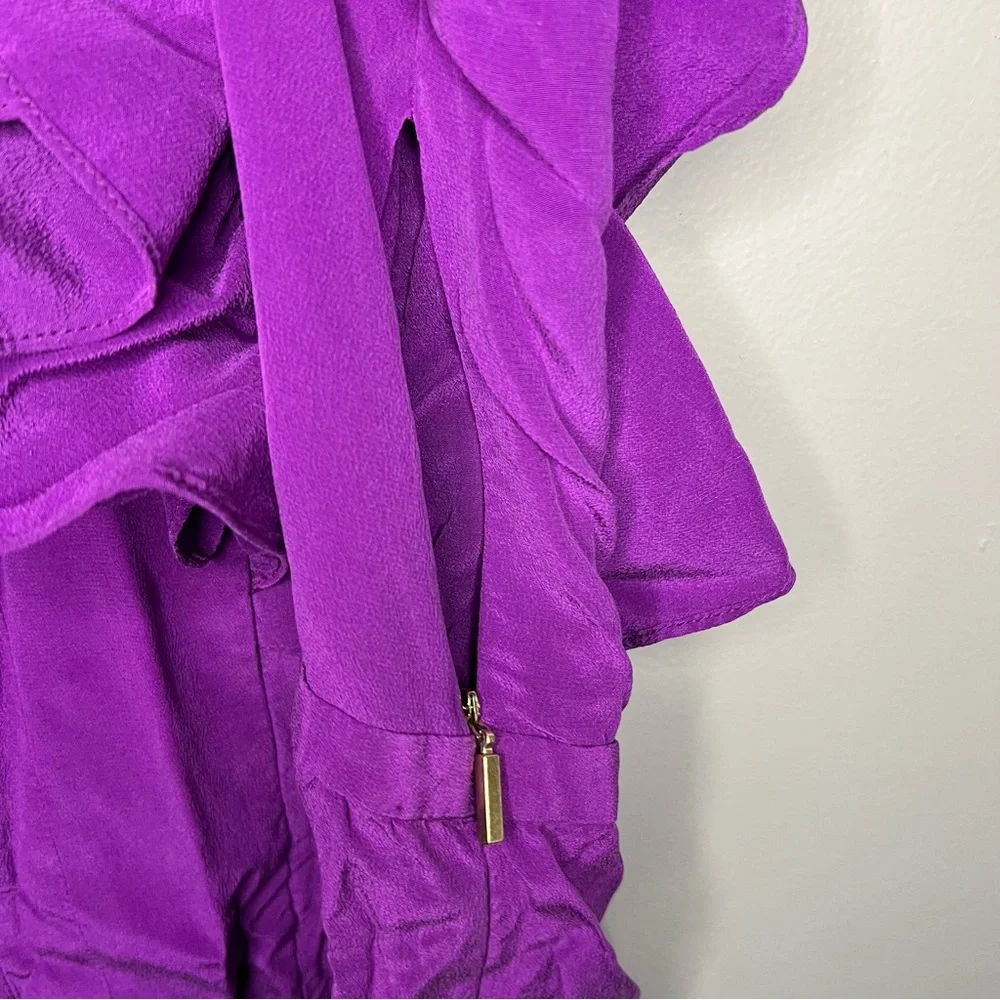 Geren Ford 100% Silk Short Sleeve V Neck Ruffle Dress in Purple L - Picture 6 of 7